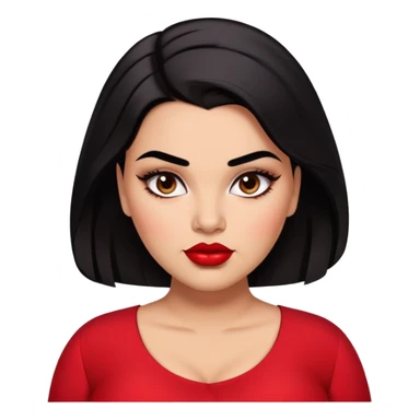 Glamorous full-figured young woman with defined features, brown skin, expressive dark eyes, thick eyebrows, full lips with red lipstick, sleek black hair, slightly plump, wearing a red blouse sticker