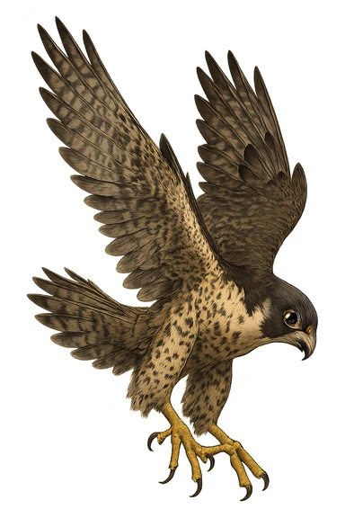 A falcon in mid-fall, wings flared, feathers ruffled, dramatic sense of motion, dynamic pose, no background sticker