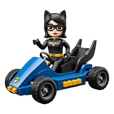 full size real-appearance electric road Lego racing sexy CatWoman’s feminine midnight-colored tight outfit sixty’s tv show dark stealthy accurate sporty safe plush deluxe off-road pursuit drifting car jaguar (black hair,reclined and relaxed torso and shoulders back seating position) cross kart  sticker