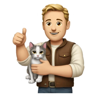 Musk holding a cat in his left hand and giving a thumbs-up with his right hand. sticker