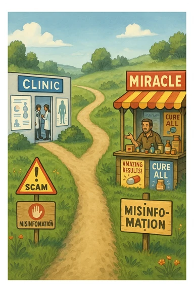 two paths diverge—one leads to a trustworthy clinic with doctors and scientific posters, the other to a shady stand selling “miracle” medicines with exaggerated claims. Signs along the second path warn of scams and misinformation. The scene encourages viewers to choose reliable, science-based healthcare. sticker