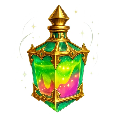 crystal luxurious elixir bottle like liquid glowing slime, bright colors, lots of shine, edges, ornaments, golden details, magical effects, very small golden neck, transparent background, beautiful seamless bottom, bottle clearly floating in air, no base or shadow, very luxurious, playful, matching collection sticker