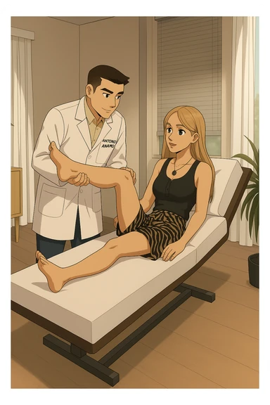 fai un webtoon/manga a colori con questo kinesiologo in camice bianco (fagli la scritta "ANTONIO ANANIA" SUL CAMICE) CHE SVOLGE UN TEST NEUROMUSCOLARE SOLLEVANDO UNA GAMBA ALLA RAGAZZA CHE è STESA SU UN LETTINO BIANCO. STANZA SEMPLICE E MODERNA, DURANTE IL TEST I DUE DIALOGANO TRA LORO. NON FARE I FUMETTI, FAI SOLO LORO COME SE DIALOGASSERO sticker