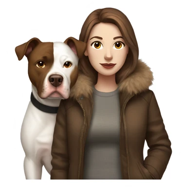 white woman with long brown hair in a furry jacket standing alongside a white pitbull with a brown patch around his eye sticker
