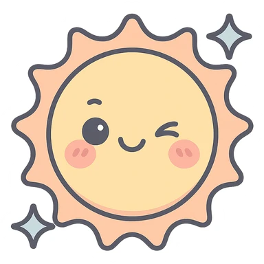winking kawaii sun with sparkles, icon-color-outlined style, detailed shading, thin clean outlines, soft rounded features, pastel palette #98B5BC #B5B3C1 #C9A3C9 #E4C0CA #F7DCD1 #F7C0AA, modern Japanese pop art, sticker aesthetic, highly detailed, vector clarity, soft lighting, subtle shadows, transparent background sticker