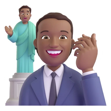 smiling black man with big teeth, standard male haircut, oval face, with Christ the Redeemer statue in the background, Rio de Janeiro, no glasses sticker