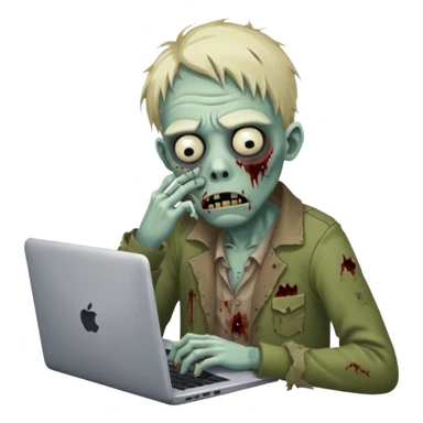A tired sad zombie behind a laptop sticker
