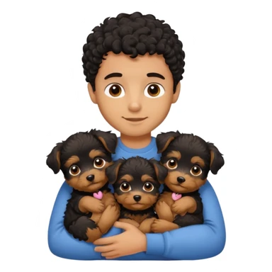 Young man with little brown skin, black curly hair, cheerful dark brown eyes, hugging two baby puppies Yorkie Breed sticker