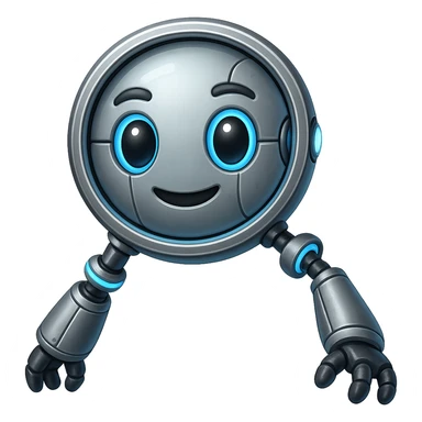 Make this magnifying glass look robotic with metallic textures, robotic joints, and glowing blue accents. Keep the emoji style and no background. sticker
