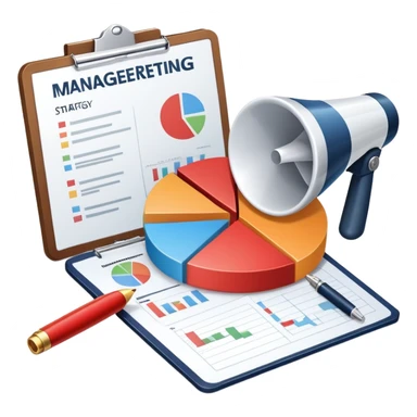An icon featuring a pie chart, a megaphone, and a clipboard with strategy plans, symbolizing management and marketing. The design includes upward-trending graphs set against a modern office backdrop. Transparent background emphasizes business strategy and communication. sticker