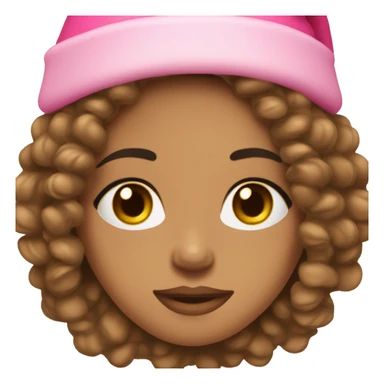 light brown skinned pretty woman with long black curly hair and almond brown eyes with pink christmas hat with big lips sticker
