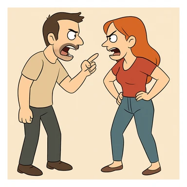 Show the full bodies of the man and woman arguing in this image, keeping the same flat toon style and bold colors. sticker