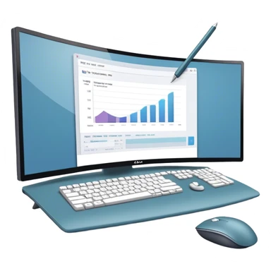 Create an emoji for UX/UI design. Large curved monitor, displaying UX/UI design interface. Include a mouse, keyboard, and stylus, symbolizing the design process. Use modern, professional colors. Do not include any emojis or smiley faces. Make the background transparent. sticker