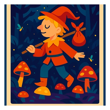 A tarot card featuring The Fool, set in a mystical forest with glowing mushrooms and fireflies, in a whimsical fantasy style. sticker