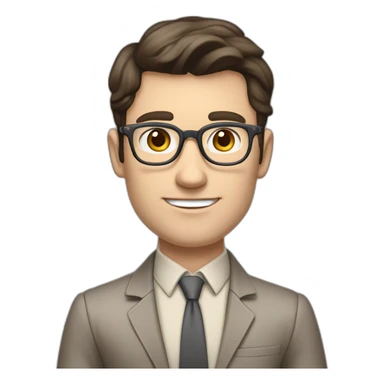 Pale skinned fit man with dark brown hair in gray jacket, beige office shirt, brown tie, brown pants and vintage glasses Writing text on the flipchart sticker