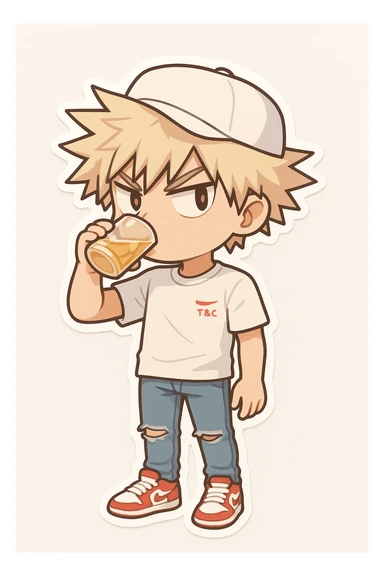 Create a chibi style character inspired by Bakugou Katsuki with cute chibi proportions. The character should wear a white t-shirt, white cap, ripped jeans, and red and white sneakers. Pose the character in a casual stance with spiky blond hair and an expressive face, capturing the essence of the reference images. sticker