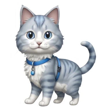 gray and white cat being walked on a blue leash sticker