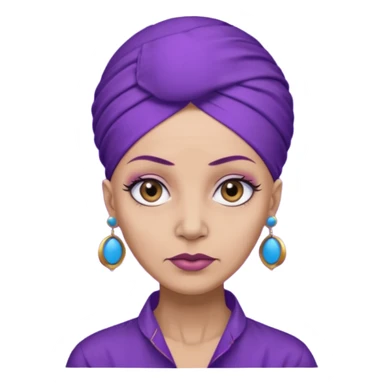 make her skin purple, she has no hair and her eyelashes are huge and she's old and and mean looking with a purple turban with big blue circle earrings and a purple big collared shirt sticker