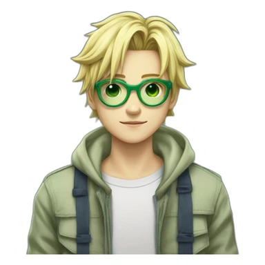 Un grand adolescent blond aux cheveux moyennement courts a lunettes avec du duvet , un sweat hunterxhunter vert avec la tête de gon freecs , ainsi qu'un jean qui tombe sur ses chaussures sticker