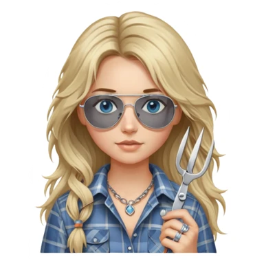 girl with long blond messy hair wearing grey plaid shirt with blue eyes and aviator sunglasses wearing a ring on her silver necklace, holding scissors sticker