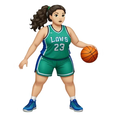 full body plus size light skin latino women basketball player with wavy dark hair in pony tail wide nose wearing blue green  uniform sticker