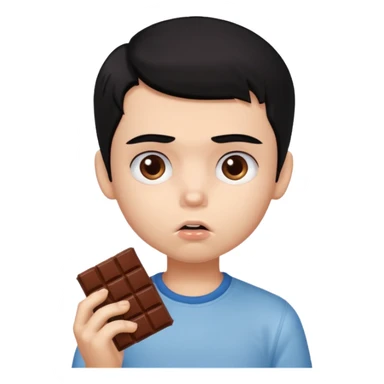 a PRETTY BRATZ boy with black hair eating chocolate and looking sad sticker