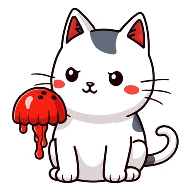 A black and white cat with a red jelly on top of his head sticker