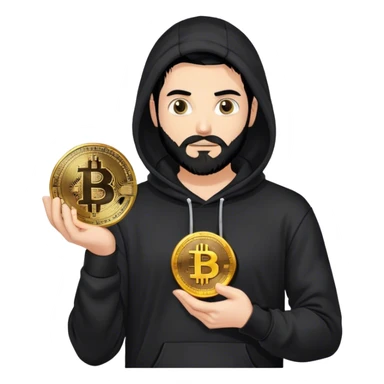 hackeur blanc cheveux noir barbe et capuche noir avec un bitcoin sticker