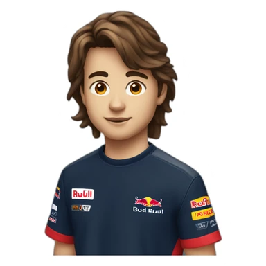 A 15 years old boy with long-brown hair and red bull  racing t-shirt sticker