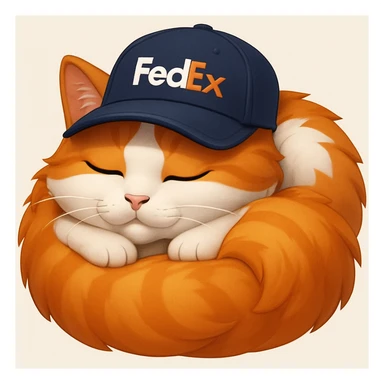 sleeping cat emoji with a FedEx uniform cap sticker