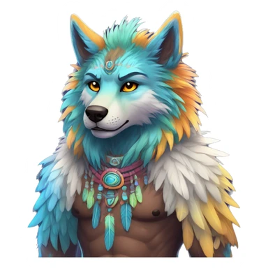 Anthro Fluffy Colorful Shy Spiritual Shamanic WereWolf-sona With Shiny Tribal Markings wearing feathers Full Body sticker