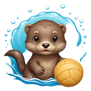 super cute baby otter floating on clearly visible blue water with waves, tiny baby otter with big eyes holding a volleyball with both small paws above water sticker