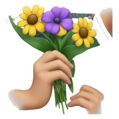 Girls hand holding purple flower bunch at her side grass in background and you can see some of her denim dress sticker