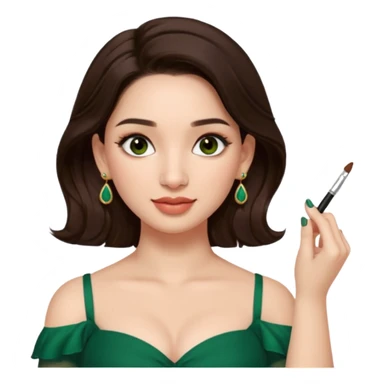 pretty bratz genmoji that looks like tamannah bhatia (bollywood actress), wearing a dark green sweetheart neckline top, dark brown hair, light makeup, no necklace, dangly earrings, side hair part, fair. dark brown eyes


Show her applying something on her face with a finger sticker