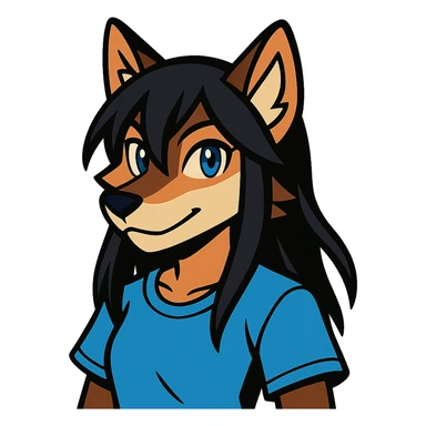 anime style wolf furry character with blue eyes, long black hair, wearing a light blue shirt sticker