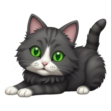 solid dark grey cat with green eyes, white toes/paws playfully rolling upside down sticker