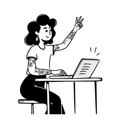 Cool female rockstar musician with arm tattoos and alternative hairstyle, sitting at desk with laptop, raising hand in class, smiling confidently sticker
