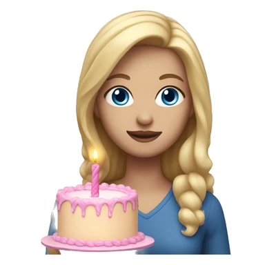 Woman with long blonde hair and blue eyes holding a pink birthday cake  sticker