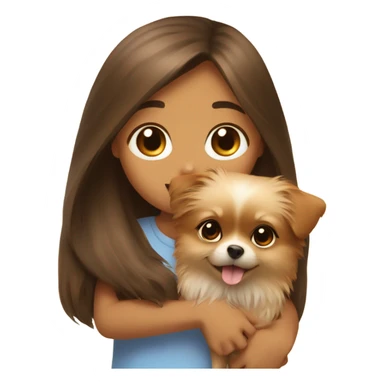 A girl with long hair and brown eyes hugs a small dog, a pomeranian sticker