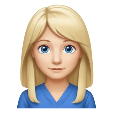 50 yr old white woman, hippie parted very long hair, short bangs, very long straight blond hair, oval face, small smile, blue eyes, thin face, hair downback, hair parted at center of head, round cheeks, pale, longer hair, business dress, long hair sticker