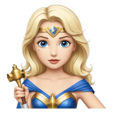 Blonde blue eyed Wonder Woman holding white orchestra conductor’s baton and bell sticker