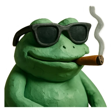 detailed frog with ray bans, satisfied, smoking a cigar, claymation style sticker