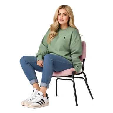 Girl long bright blonde highlighted hair middle part with rosy cheeks and plump mauve lips green eyes and wearing a white sweatshirt and denim blue jeans with black and white adidas OG Sambas sitting in a cozy chair posing with legs over the side of chair  sticker