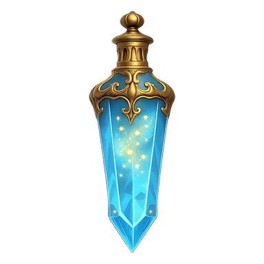 luxurious crystal elixir bottle in baton shape, lots of shining, edges, ornaments, golden details, magical effects, very small golden neck, transparent background, beautiful seamless bottom, bottle clearly floating in air, no base or shadow, premium class impression, playful and interesting design, matching a collection of crystal, luxurious, magical bottles sticker