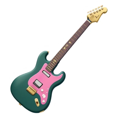 minimalist electric guitar in dark green with pink and blue stripe decal, closed inside a black rectangular hard case with gold latches, flat semi-3D style, soft matte textures, simplified details, stylized decal accent, compact artistic look sticker