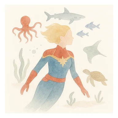 Captain Marvel underwater, surrounded by sea creatures, watercolor art style sticker