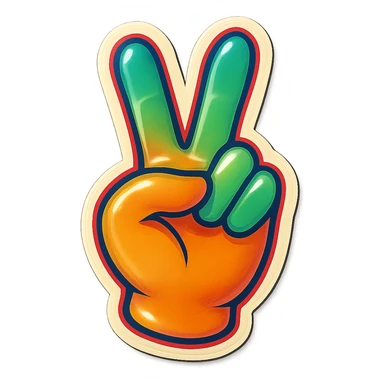 a peace sign hand gesture with colorful outlines, retro sticker style sticker