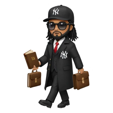 African American man with shoulder length black dreadlocks with black beard wearing black sunglasses wearing a black bubble winter coat wearing a black New York Yankees logo baseball cap wearing a suit and tie walking with a Bible sticker