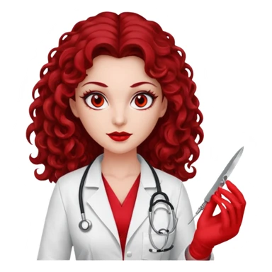 Lilith scalpel in hand, evil surgeon red outfit.  She has red eyes. She has dark brown long curly hair. Wears sexy doctor outfit with red gloves sticker