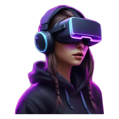 Russian girl wearing a black hoodie with "OMG" letters on it and VR headset in a cyberpunk VR environment with violet neon lighting. sticker